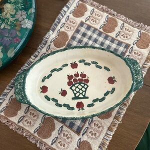 Vintage Spongeware Oval Ceramic Serving Platter with Apple Design